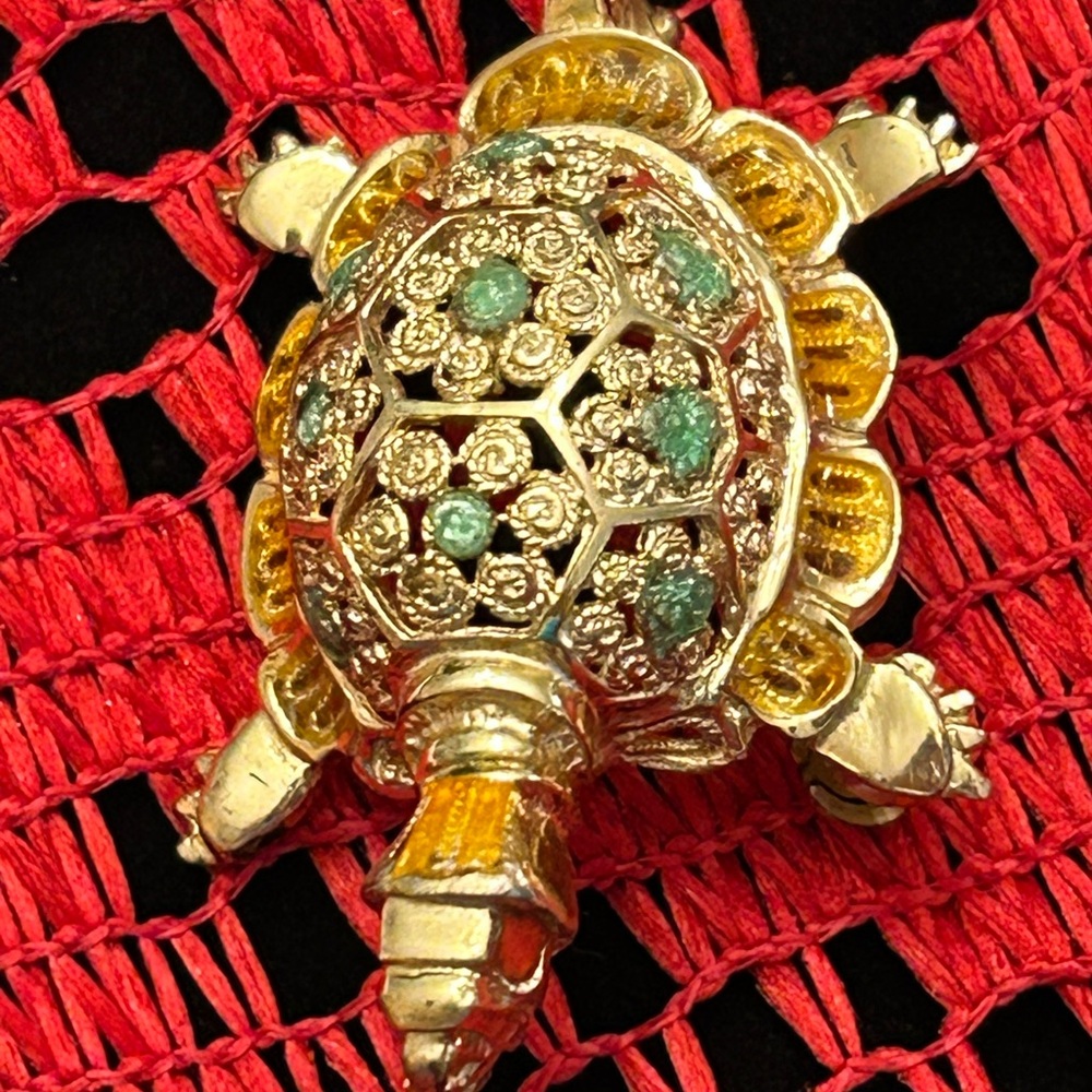 Vintage Sterling Gold and Green Turtle Pendant